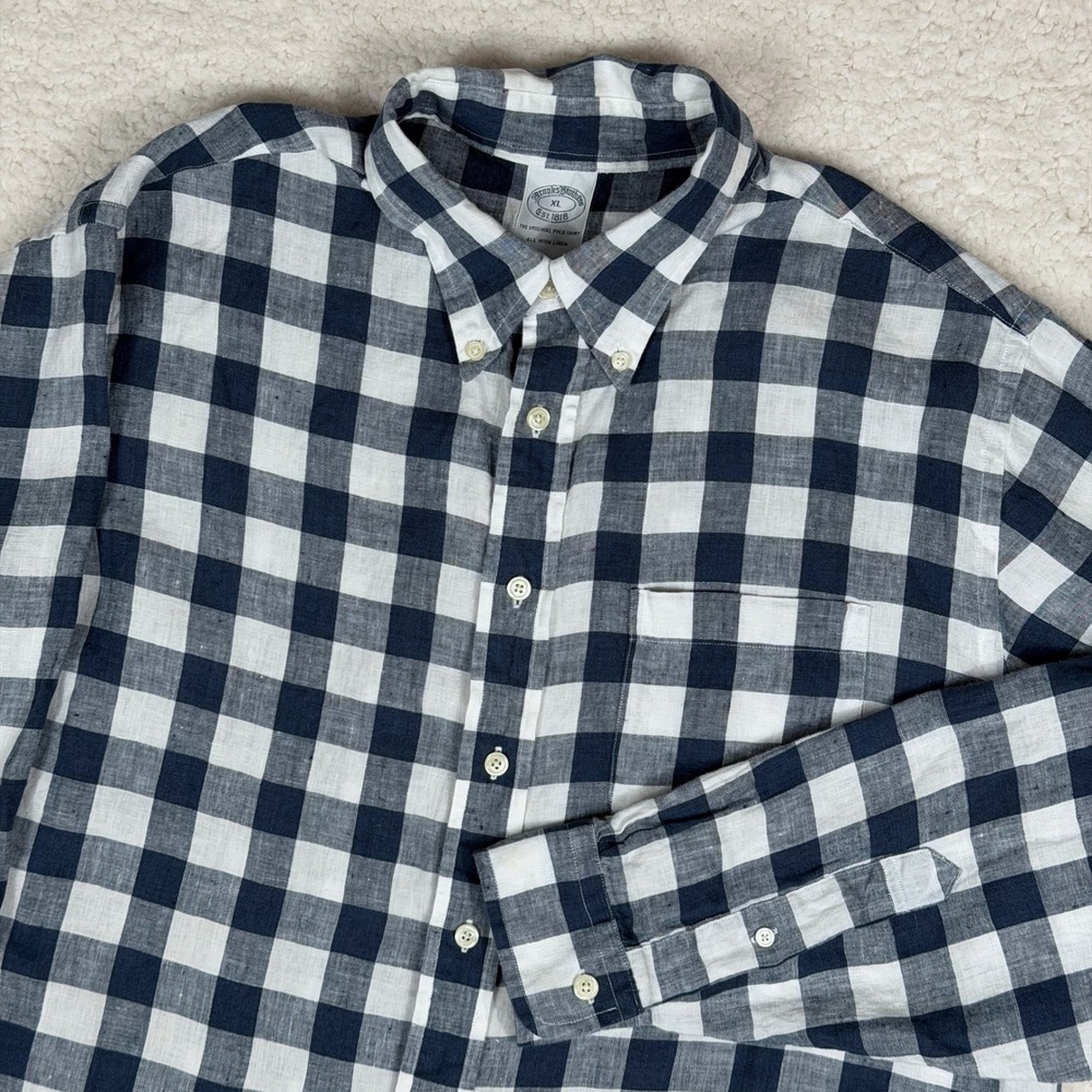 Brooks Brothers Mens XL Irish Linen Button Down Shirt Navy Buffalo Check Plaid